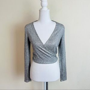 Forever 21 Silver Grey Metallic Surplice Wrap Tie Long Sleeve Blouse Top